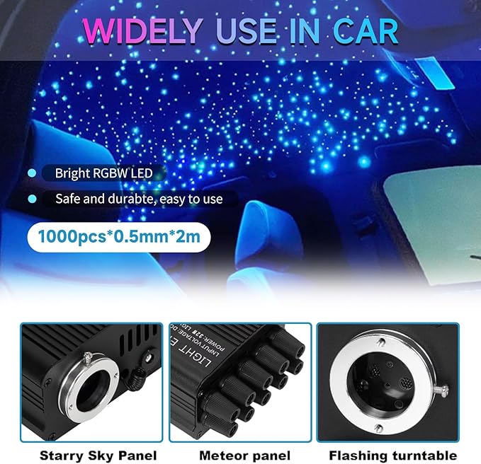 16W Twinkle Starlight Headliner Kit 1000 Piece, 6.5ft/2m 0.03in Car Interior Ceiling Fiber Optic Lights, APP/Remote Control Star Roof Lights for Car/Party Ambient Decor