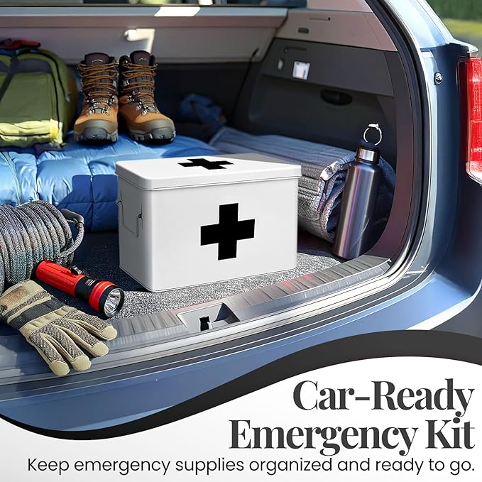 Flexzion First Aid Box Organizer Empty 13" White Vintage First Aid Kit Tin Metal Medical Box - First Aid Storage Box Container Bins with Dividers, Removable Tray and Black Cross Logo