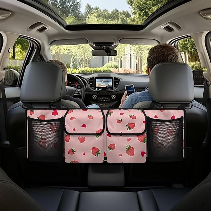 Strawberry Trunk Seat Organizer Back Seat Hanging Organizer for SUV, Sedan, Pink Trunk Oxford Cloth Bag, Equipped with Robust Elastic Net, Space Saving Expert