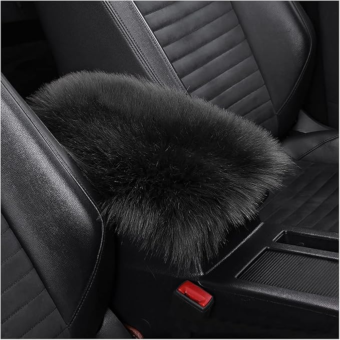 Furry Auto Center Console Cover Pad, 11.8"x7.8" Soft Sheepskin Wool Armrest Cushion, Fluffy Vehicle Armrest Seat Box Protector Warm in Winter, Car Interior Accessories for Women and Men (Black)