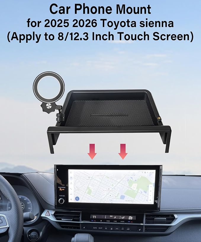 Car Phone Holder for 2025 2026 Toyota Sienna Accessories Apply to 8/12.3 Inch Screen Fixed Clip Magnetic Cell Phone Mount Hands-Free 360 Degree Rotation with Dashboard Storage Tray