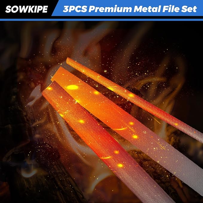 SOWKIPE 3-Piece Metal File Set, Premium High-Carbon Steel Files, 8 Inches, Includes Flat, Round, and Half-Round, Perfect for Metal, Wood, and More