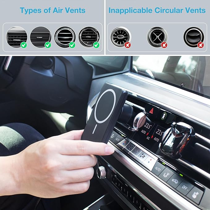 MagSafe Car Charger Mount 7.5W Magnetic Wireless Car Vent Holder for iPhone 15/14/13/12 Series, Strong Grip, 360° Rotatable, Safety Protected, Black