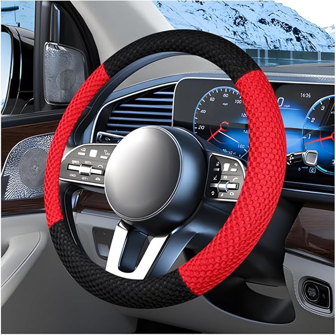 Car Steering Wheel Cover, 15" Breathable Soft Vehicle Steering Wheel Protector with Anti-Slip Lining, Automobile Interior Decoration Accessories, Universal for Sedan Truck SUV (Black/Red)