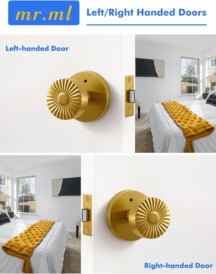 Privacy Door Knob Gold Door Knob, Bedroom Bathroom Vintage Bright Gold Door Handle Interior Brushed Gold DoorKnob, Stainless Steel Knob, 1 Pack