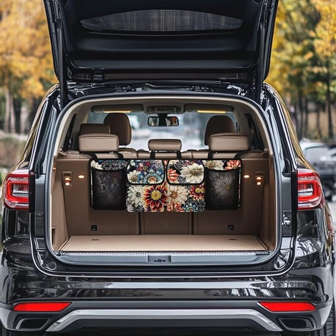 Boho Style Car Trunk Organizer Mandala Floral Flowers Collapsible Cargo Bag Backseat Car Organizer,Space Saving Expert