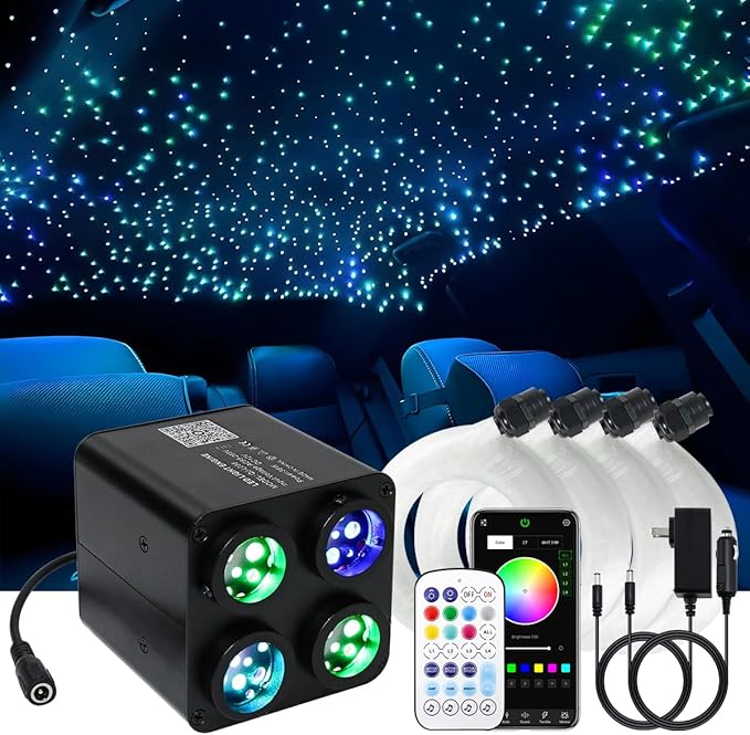 AKEPO 36W 4 Color Twinkle Fiber Optic Starlights Headliner Lights Kit, Optical Fibers Music Sync Bluetooth APP Control Starlight Kit, 2400pcs*13.1ft