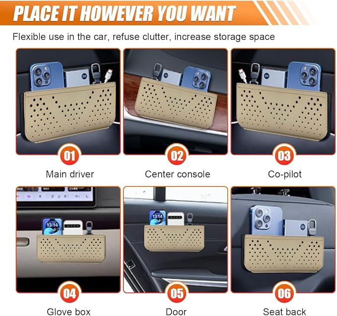 Car Seat Side Pocket Organizer, Multifunctional Mini Console Storage Bag for Phone, Keys, Sunglass, Wallet, PU Leather Tray Pouch Car Organizer Accessories for Seat, Door, Window, Console (Beige)