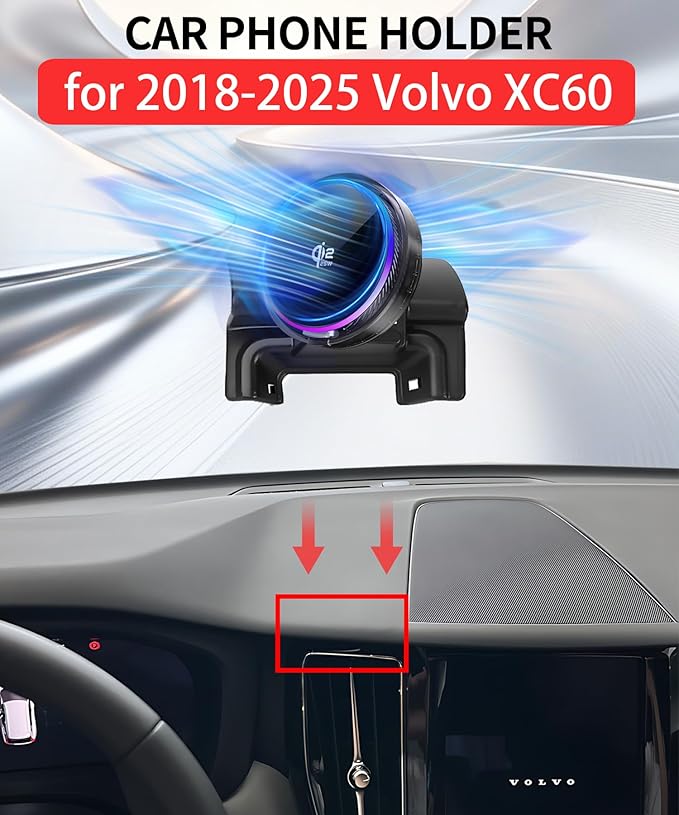 Qi2.2 25W Magnetic Car Mount Charger for 2018 2019 2020 2021 2022 2023 2024 2025 Volvo XC60 Accessories, for Fast Charging Cell Phone Holder Fixed Clip with Cooling Fan＆54W Fast Adapter