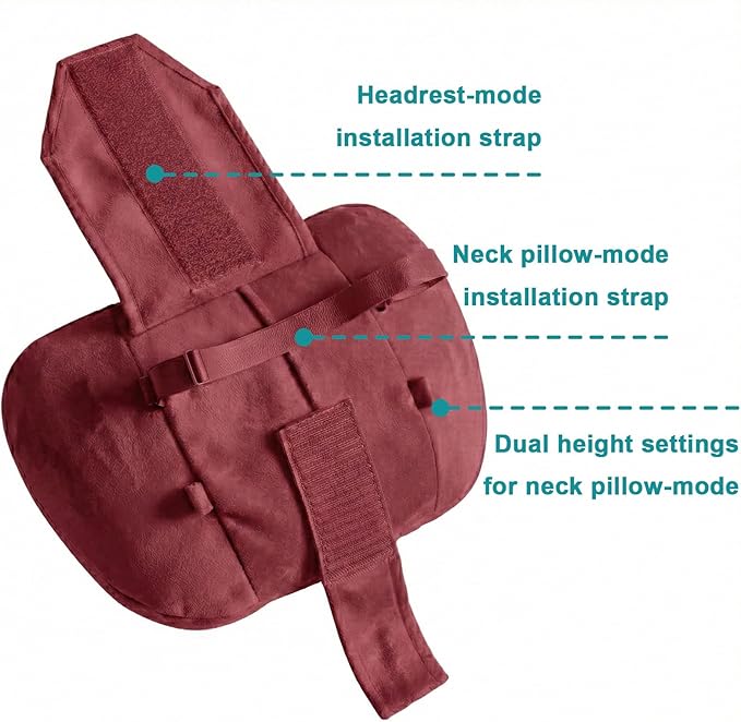 2PCS Car Pillow for Car Neck Pillow for Driving Seat Neck Support Soft Cushion Back Support Head-Rests for Vehicle Sleeping with Elastic Adjustment Strap (Red, Head)