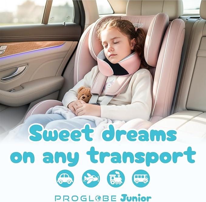 Proglobe Junior Kids Travel Neck Pillow - Ergonomic Memory Foam Pillow for Airplane, Car, Booster Seat - Soft, Washable, Compact Travel Pillow with Strap - Light Pink - Ages 4-13