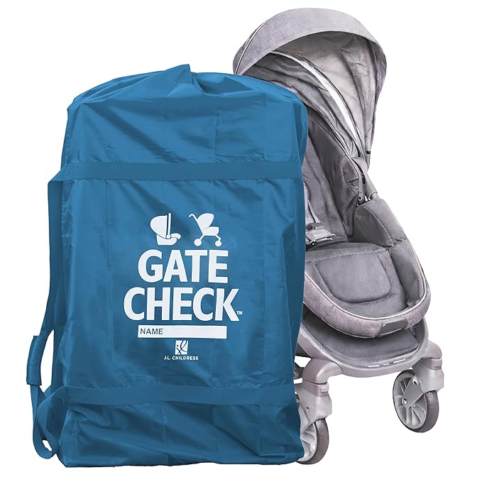 J.L. Childress Gate Check Bag for Single & Some Double Strollers - Travel Bag for Airplane, Fits Most Standard Baby Strollers, Airport Accessories Gate Check, Flying Essentials - Deluxe, Blue