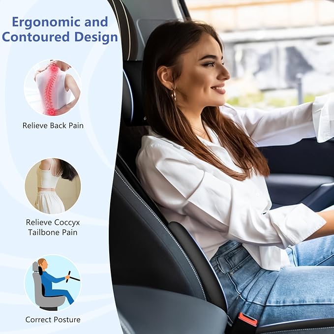Car Seat Cushion with Neck Pillow & Lumbar Support Kit Back Sciatica Tailbone Pain Relief Car Pillows Ergonomic Memory Foam Back Support for Driving Seat Office Chair Wheelchair Black
