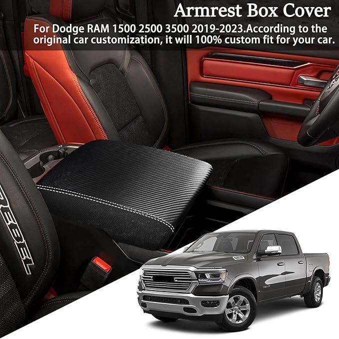 Center Console Cover Anti-Scratch Waterproof Leather Armrest Pad Protector Cushion for Dodge RAM 1500 2500 3500 2019 2020 2021 2022 2023 Interior Accessories(Carbon Fiber with Black)