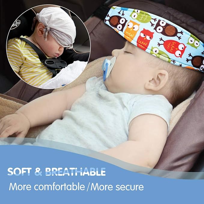 Baby Carseat Head Support,Car seat Straps Pillow Support Ban,Stroller Neck Relief Strap Headrest,Slumber Sling Sleep Positioner for Toddler Infants Child Children Kids（Blue Elephant + Owl）