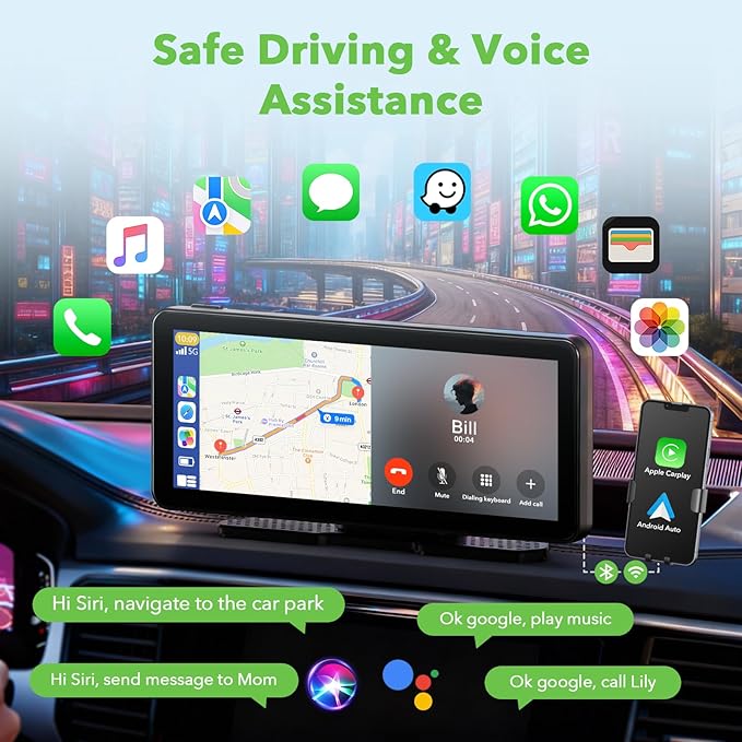 6.86" Wireless CarPlay Screen for Apple Carplay and Android Auto, Dual Dash Cam 2.5K Front 1080P Rear Recording, Voice Control, GPS Navigation, Mirror Link, Bluetooth, FM, AUX, Fits Most Cars