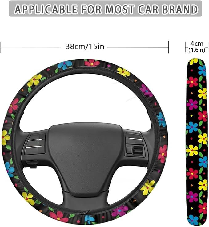 AFPANQZ Colorful Flowers Steering Wheel Covers 14-15" inch Universal Fit Most Car Sedans SUVs Comfort Grip Comfortable Handmade Neoprene Breathable Steering Wheel Protector