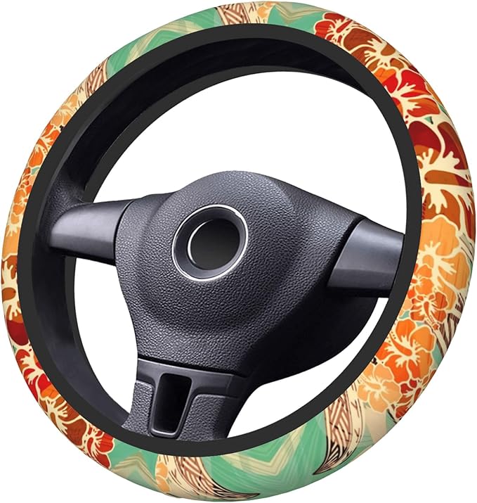 Hawaiian Island Tropical Car Steering Wheel Cover for Women Men 14-15 Inch Stretch Cloth Anti-Slip Wrap Protector Case Fit Universal Auto Accessories Decor Sweat Absorption
