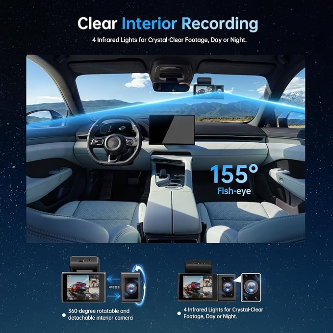 3 Channel Dash Cam: 4K+1080P+1080P-Dash Cam Front and Rear Inside with Free 64GB Card & 5GHz WiFi - Dash Camera for Cars with IR Night Vision APP Control Parking Mode G-Sensor Loop Recording(X7)