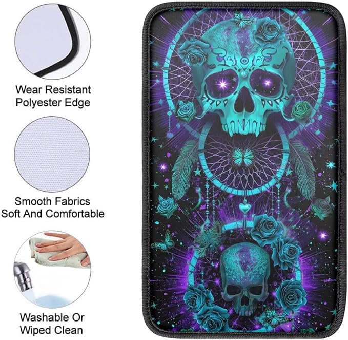 Neoprene Car Center Console Pad Skull Dreamcatcher Print Armrest Cushion Cover Dust-Proof Armrest Seat Box Cover for Most Vehicles Decorative Car Accessories for Women Men