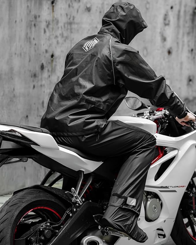 ILM Motorcycle Rain Suit for Men 2 Piece Waterproof Jacket and Pants Hidden Shoe Cover Breathable Reflective Model RS03