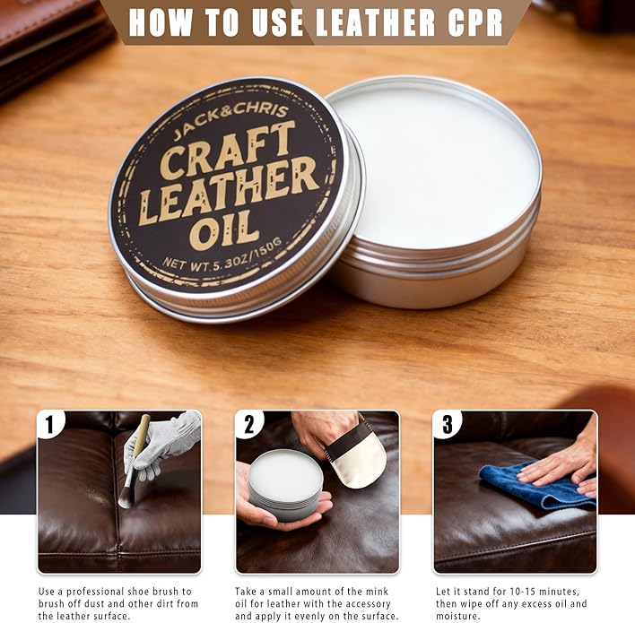 Jack&Chris Leather Cleaner and Conditioner, Mink Oil with Brush & Glove, Soften & Protect Leather for Car Seat, Couch, Shoes