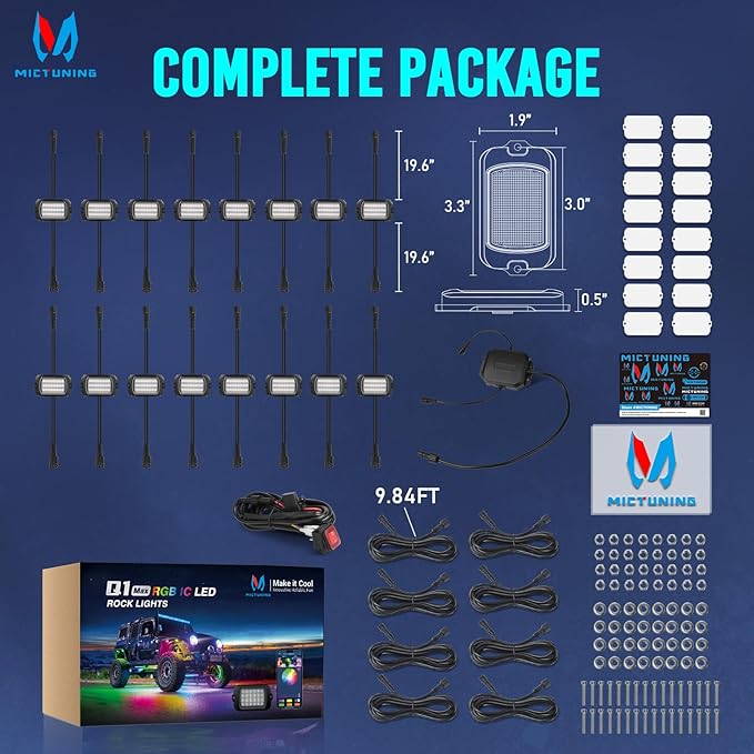 MICTUNING Q1+ MAX 16 Pods Ultra-Bright RGB Rock Lights, Multi-Color Chasing Underglow Lighting, Extensible to 24 Pods, APP Music Sync & DIY Effects, IP68 Waterproof