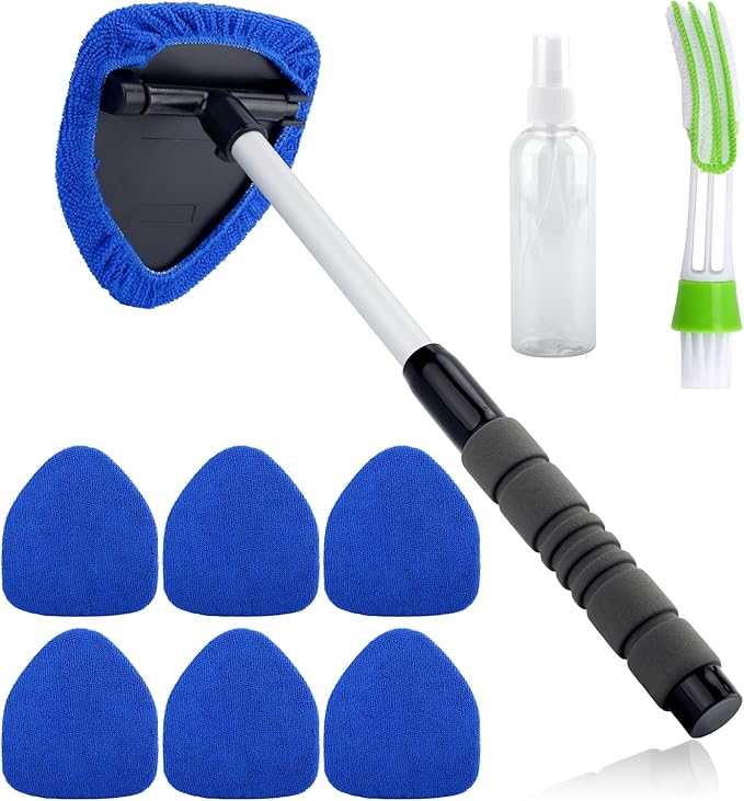 9PCS Windshield Cleaning Tool, 180° Rotating Extendable Car Window Cleaner, Auto Glass Wiper Kit Includes 6 Reusable Microfiber Pads, 1 Spray Bottle, 1 Air Conditioning Brush