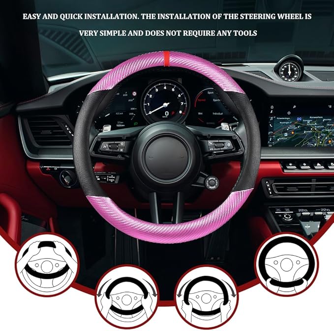 Car Steering Wheel Cover, Steering Wheel Accessories, 15 Inch Microfiber Leather Carbon Fiber Soft Anti-Slip Breathable, Car Accessories Elastic Non-Slip Cover for Most Vehicles (Pink)