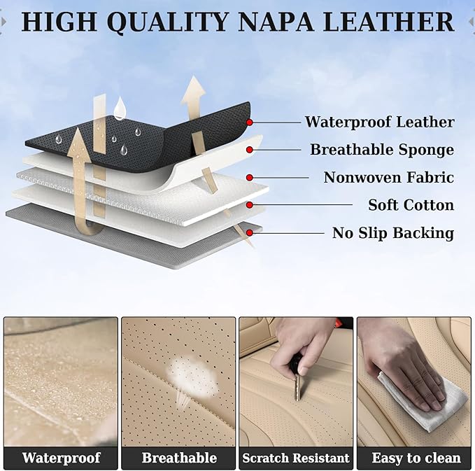 Coverado Car Seat Covers Full Set, Breathable Nappa Leather Seat Covers for Cars, Universal Seat Covers, Front and Back Waterproof Car Seat Protector, Automotive Seat Cushion Fit Most Cars(Beige)