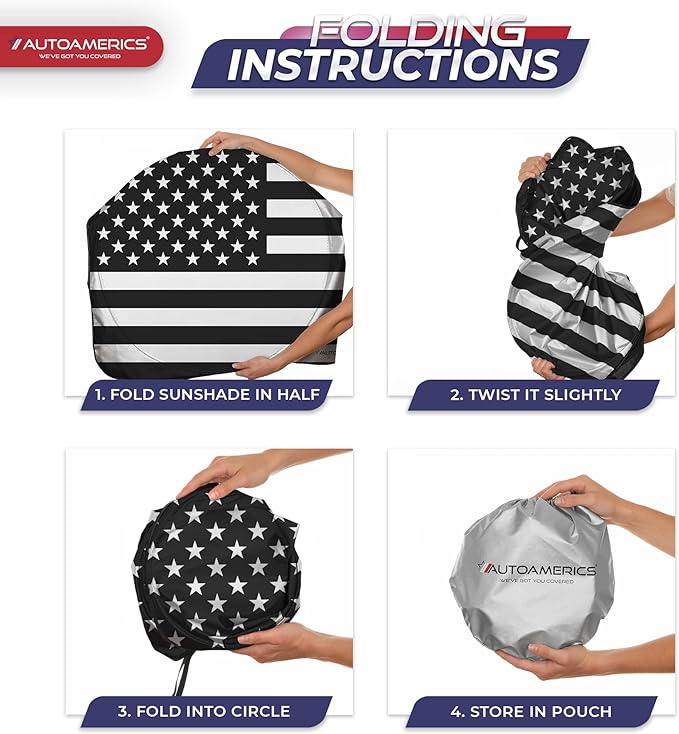 Autoamerics 1-Piece Windshield Sun Shade B&W American Flag USA Patriotic Design - Foldable Car Front Window Sunshade for Most Sedans SUV Truck - Blocks Max UV Rays and Keeps Your Vehicle Cool - Medium
