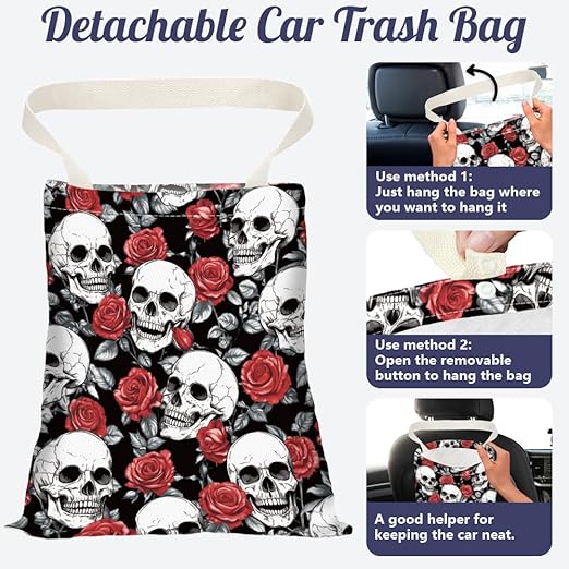 Skull Rose Print Car Trash Bag Hanging Garbage Bag with Snap Buttons Car-Back Seat Trash Storage Portable Dustbin for Car Interior Accessories Travel Camping