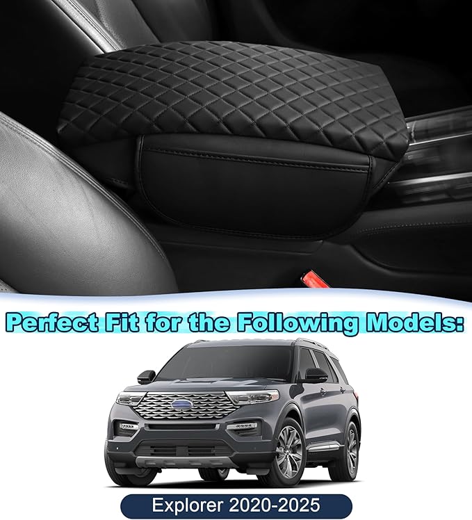 Center Console Cover for Ford Explorer Arm Rest Lid, Diamond Quilted Armrest Pad with 1-Inch Comfort Lift (2020-2026)