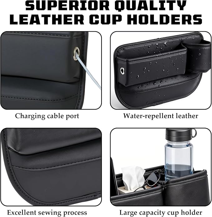 Car Leather Cup Holder Gap Bag, New Car Seat Gap Filler Organizer with Cup Holders, Console Organizer for Phone, Keys and Small Items, Universal Fit Essentials for SUV, Truck & Sedan (2pc)
