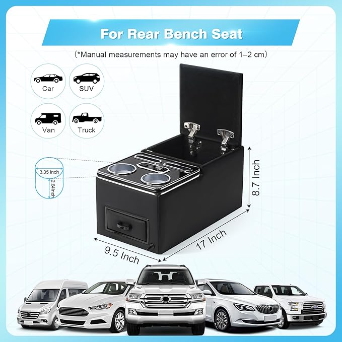 Center Console, Universal Bench Seat Center Console with Fast Phone Charging， Back Seat Car Organizer, Automotive Center Console with Cup Holder & Phone Holder (Black)