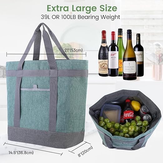 CIVJET Insulated Reusable Tote Bag for Grocery Shopping for Women/Men, Waterproof Cooler Bags for Travel/Beach/Picnic, Pizza/Food Delivery Bag to Keep Food Cold/Hot (Cationic Cloth, Green，2-Pack)