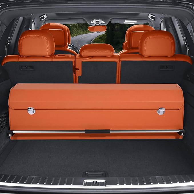 Car Trunk Organizer, Collapsible Sturdy Trunk Storage Container with Lid and Handle Large Leather Car Trunk Storage (Orange, 39.7 x 11.4 x 12.2in)