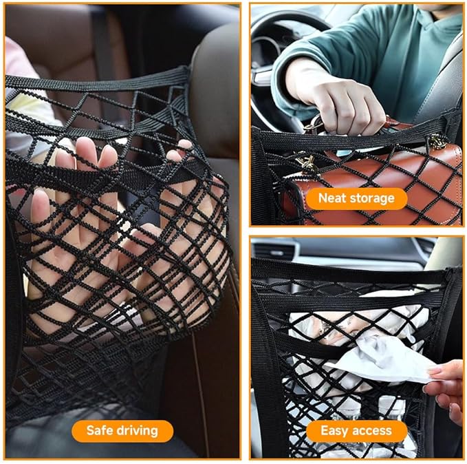 3-Layer Car Mesh Organizer, Seat Back Net Bag, Car Interior Accessories Barrier of Backseat Pet Kids, Cargo Tissue Purse Holder, Driver Storage Netting Pouch Universal for Cars SUVs Trucks
