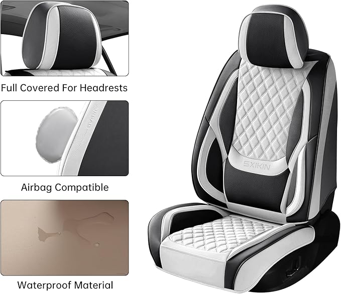 Car Seat Covers Front Seats, Luxury Leather Waterproof Non-Slip Seat Protector Universal Fit for Most Cars SUVs Trucks Pick-ups,White and Black Car Accessories Interior(Front White)