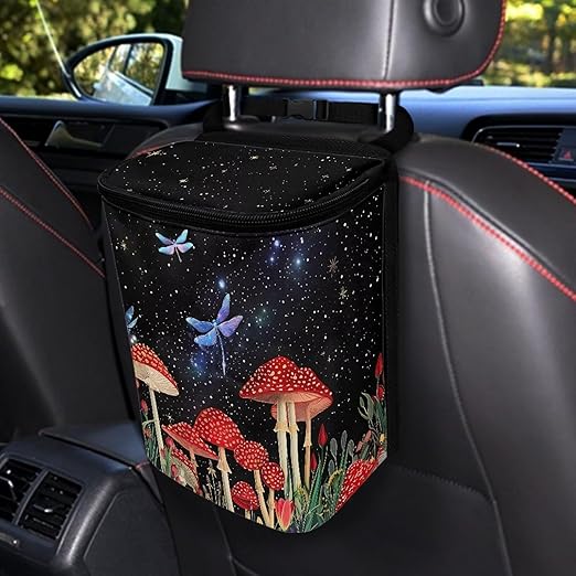 Mushroom Dragonfly Car Trash Can Auto Garbage Bag Car Trash Can with Lid Leak-Proof Car Storage Bag Garbage Bag Hanging for Headrest Portable Car Backseat Organizer