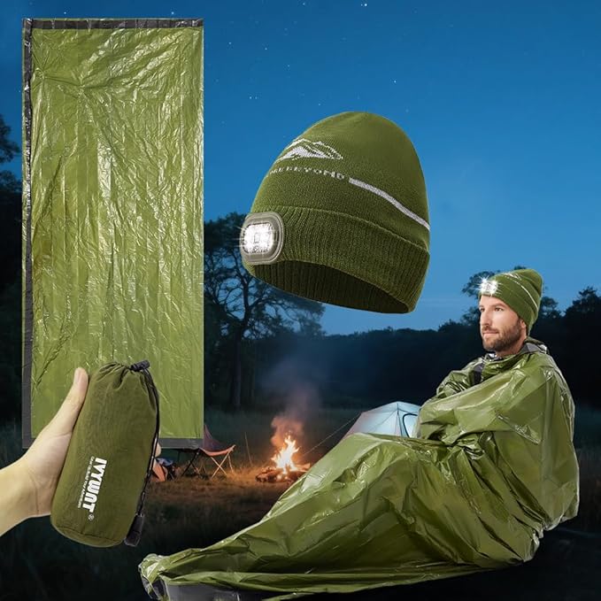 Emergency Sleeping Bag & LED Beanie Hat Set, Waterproof Thermal Mylar Bivy Sack, Portable Survival Gear for Hiking, Camping, Bug-Out Bags & Emergency Kits