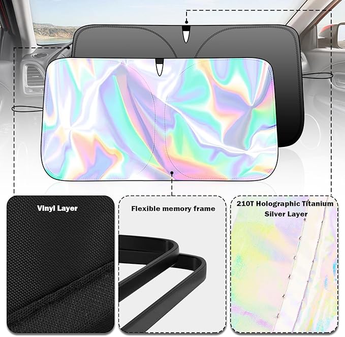 57.09x31.5 Holographic Front Windshield Sun Shade,Car Sun Shade Windshield for Thermal Insulation and Shading in 210T Titanium Silver Cloth,Collapsible Sunshade for Car Windshields