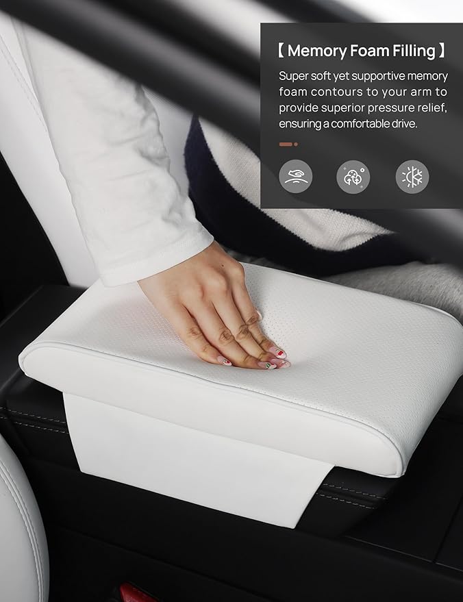 TPARTS Leather Armrest Support Cushion for All Tesla Model Y/3/X/S Tesla Armrest Decor Interior Accessories Memory Foam Console Pillow Elbow Rest Cover Pad (White)