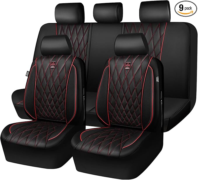 CAR PASS Piping Luxury Leather Seat Covers Full Set,5 Seats Anti-Slip Waterproof Seat Covers Compatible with Front Armrests,Universal Fit for Sendan SUV Van Truck,Airbag Compatible,Black and Red