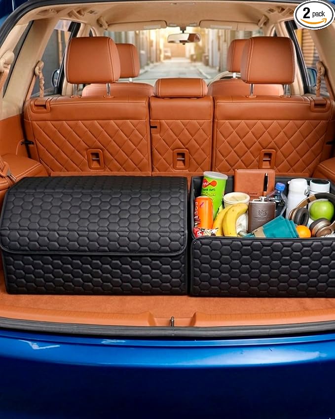 Owleys Car Storage Organizer Bundle - Two Foldable Crates For Groceries, Gear & Trips - Durable SUV And Truck Storage Set - Thoughtful Birthday Gifts For Drivers (Black 17+21)