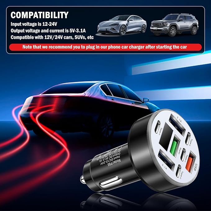 8 Port Car Charger Cigarette Lighter Adapter,Upgraded Car Charger Adapter with 25W USB Fast Charging & Voltage Monitoring,12/24V Cars Cigarette Lighter USB Chargers & Type-C Chargers