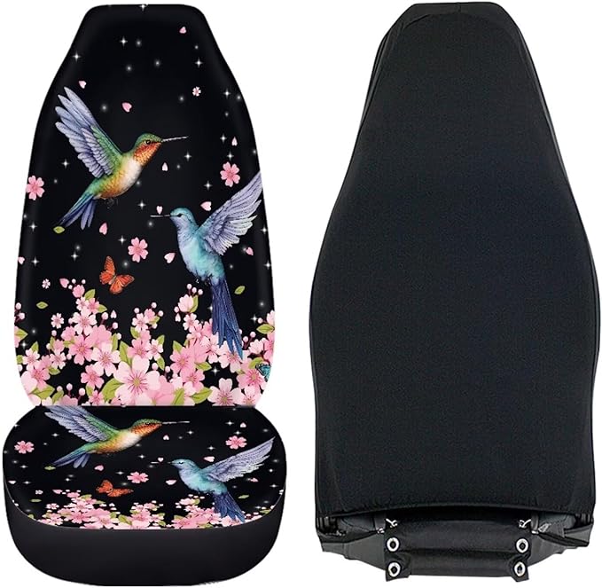 BIGCARJOB Flower Hummingbird Car Seat Cover Set for Front Seat Only,2 Pack Cherry Flower Birds Printed Auto Front Seat Protector Saddle Blanket for Women Girly Car Interior Accessories