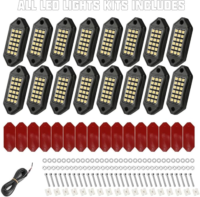 SUNPIE White Rock Lights, 16 Pods LED Rock Lights Underglow kit IP67 Waterproof Underglow Light kit for Trucks Car Jeep ATV UTV SUV Pickup Off Road RZR Under Body Glow Light Trail Lighting