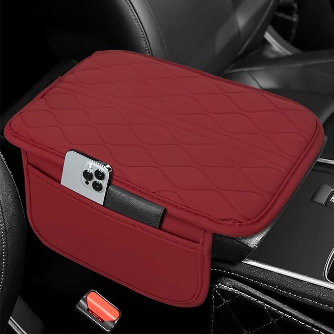 Leopard Cheetah Print African Animal Hunting Auto Center Console Armrest Pad, Car Center Console Cover, Auto Accessories Soft Comfort Armrest Cover Cushion Mat for Most Cars (Wine Red-K3)