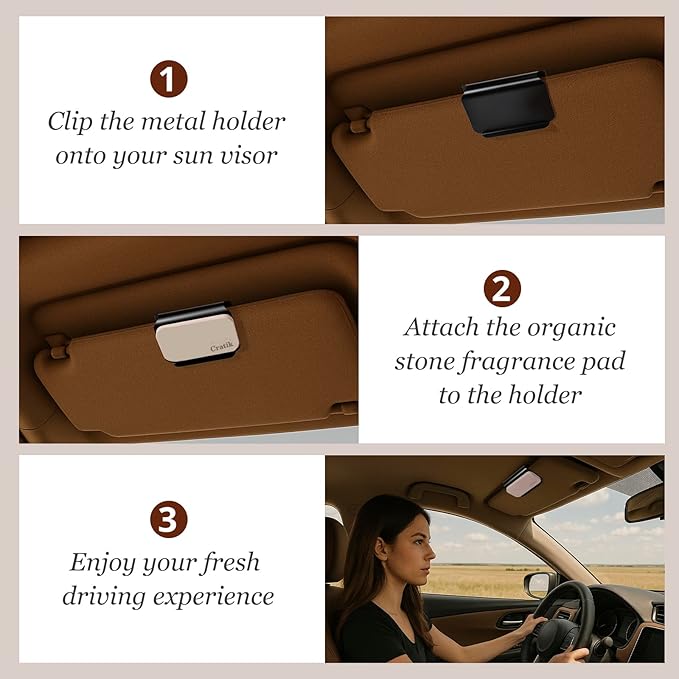 Car Air Freshener - Stone Air Freshener - Car Odor Eliminator for Visor Clip- Natural Scent Starter Kit, Vehicle Scent Diffuser for Cabin, Truck & SUV-Pack of 3 (Teak-Amber-Open Air)-CLIP INCLUDED